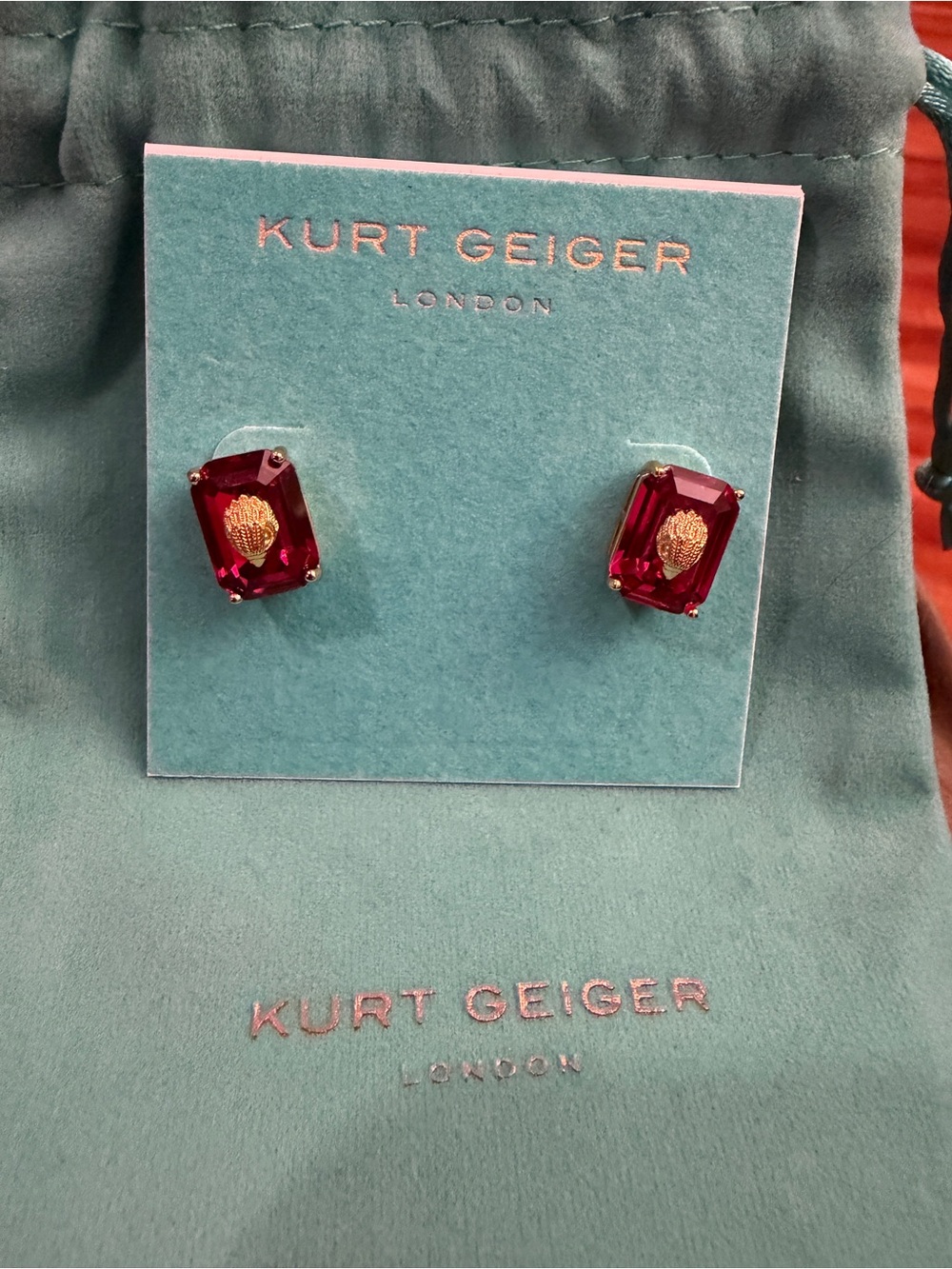 Kurt Geiger Fuchsia Rectangular Crystal Stud Earrings